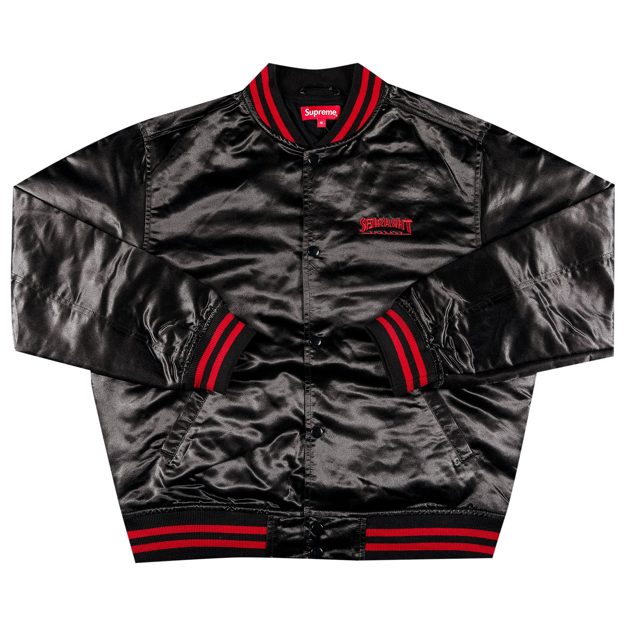 Supreme x Thrasher Satin Varsity Jacket 'Black' | GOAT