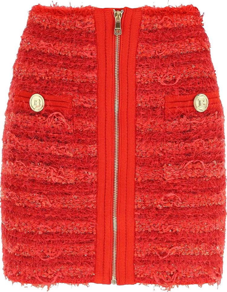Balmain Short High Waisted Zipped Tweed Skirt 'Rouge'