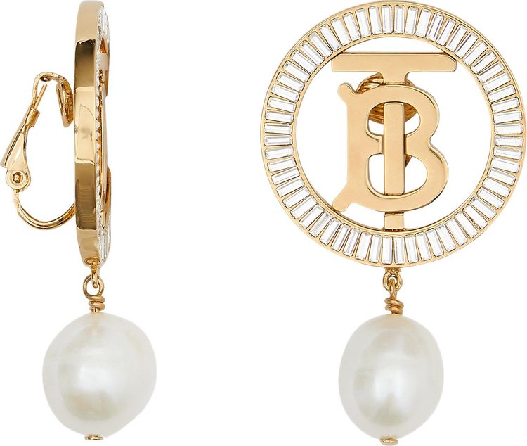 Burberry Pearl Detail Gold Plated Monogram Motif Earrings Gold