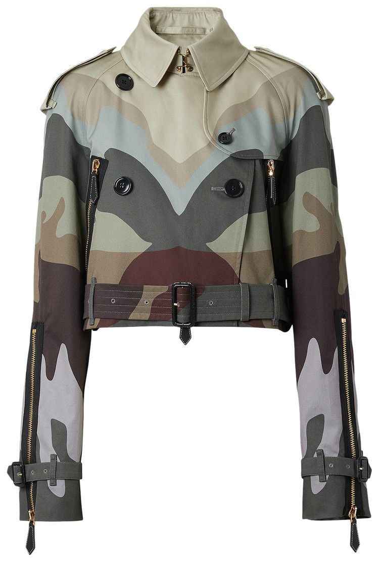 Burberry Camouflage Print Cotton Cropped Trench Coat Multicolor
