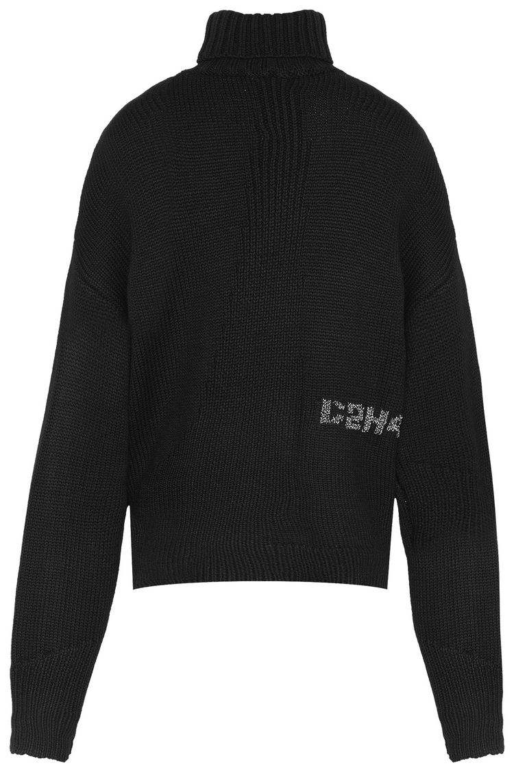 C2H4 Off Shoulder Arc Knitted Distressed Sweater Black