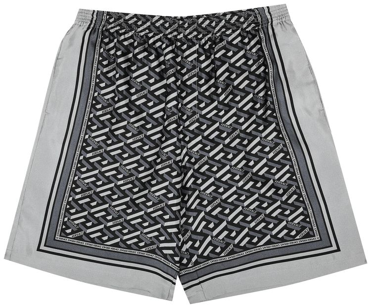 Versace La Greca Print Silk Shorts BlackGrey