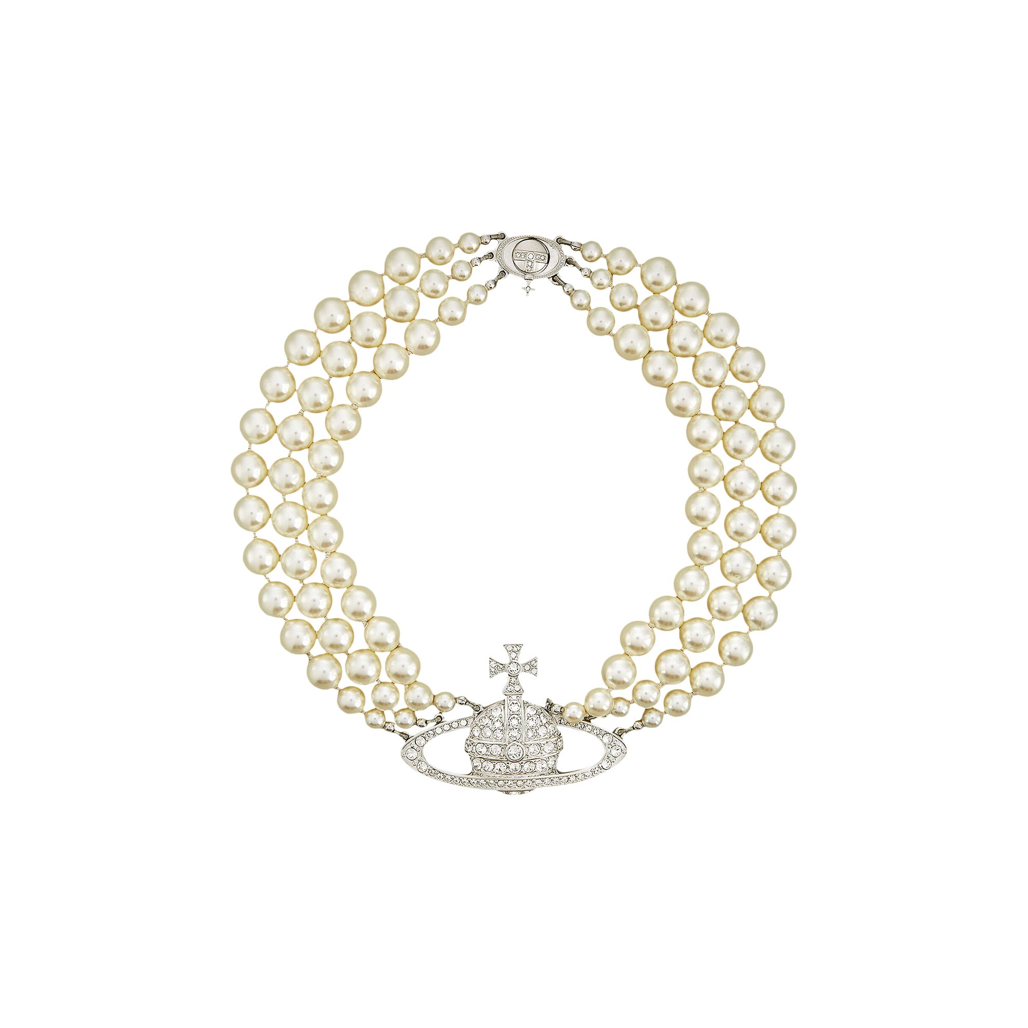 Buy Vivienne Westwood Three Row Pearl Bas Relief Choker 'Silver