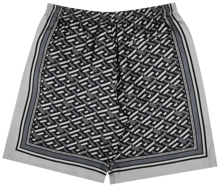 Versace La Greca Print Silk Shorts BlackGrey