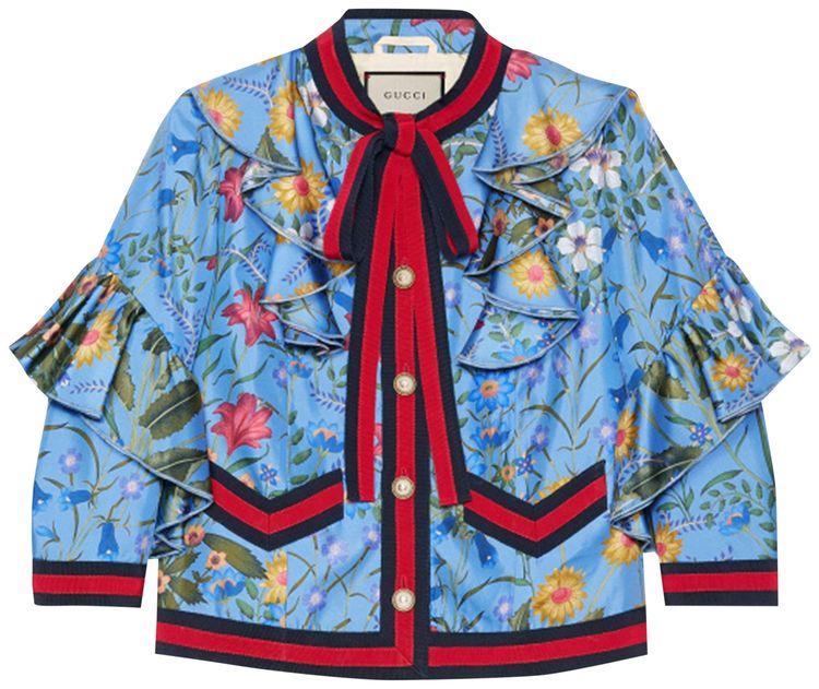 Gucci Flora Ruffled Silk Jacket Blue