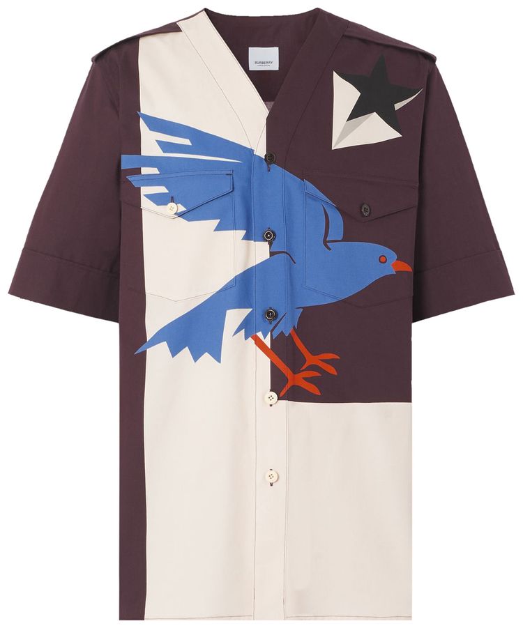 Burberry Printed Collarless Baseball Silhouette Shirt Deep Maroon