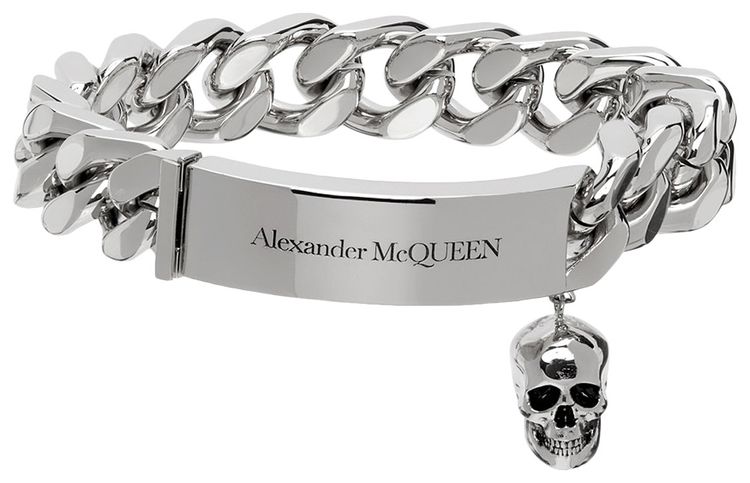 Alexander McQueen Skull Charm Curb Chain Bracelet Silver