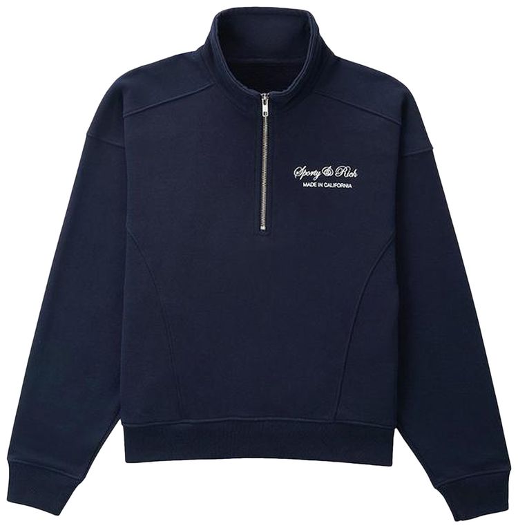 Sporty  Rich Script Logo Quarter Zip NavyWhite