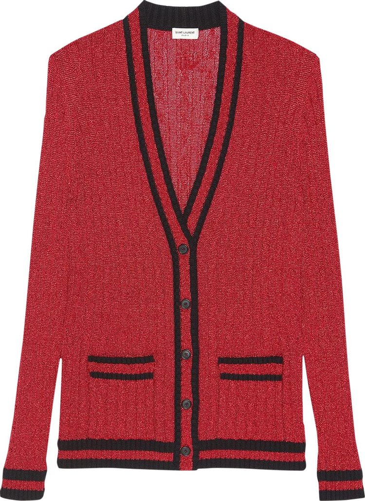 Saint Laurent Long Knit College Cardigan 'Glossy Red/Black'