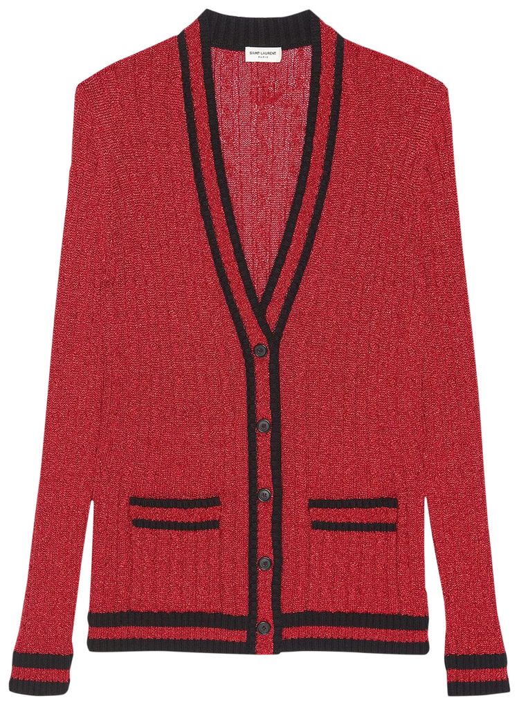 Saint Laurent Long Knit College Cardigan Glossy RedBlack