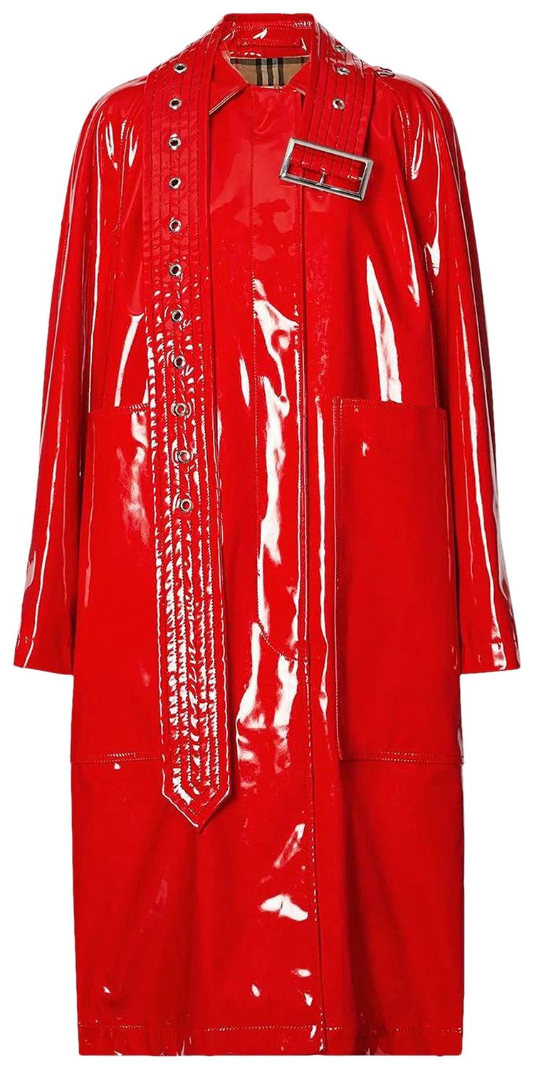 Burberry Belt Detail Laminated Coat Bright Red