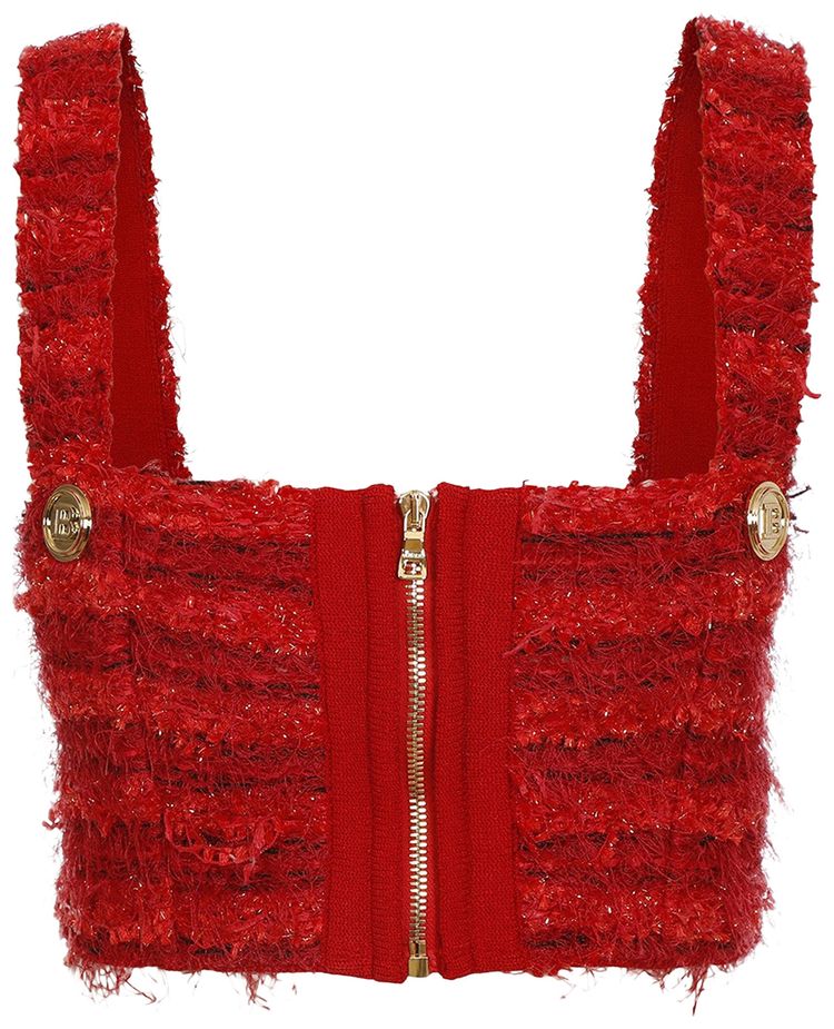 Balmain Cropped Zipped Tweed Strap Top Rouge