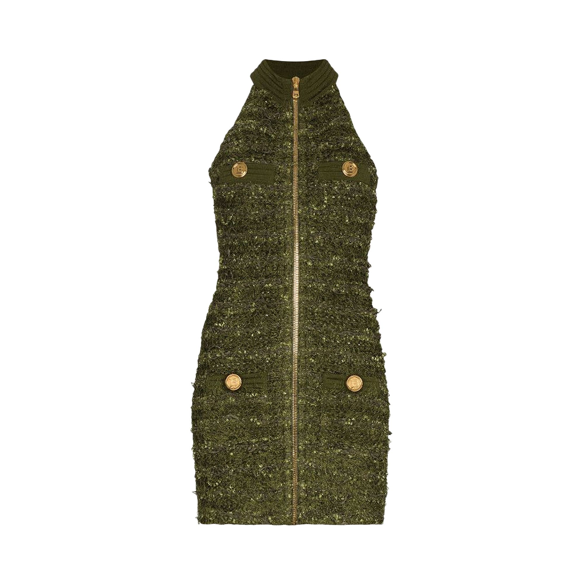 Buy Balmain Sleeveless Zipped Tweed Dress 'Military Green