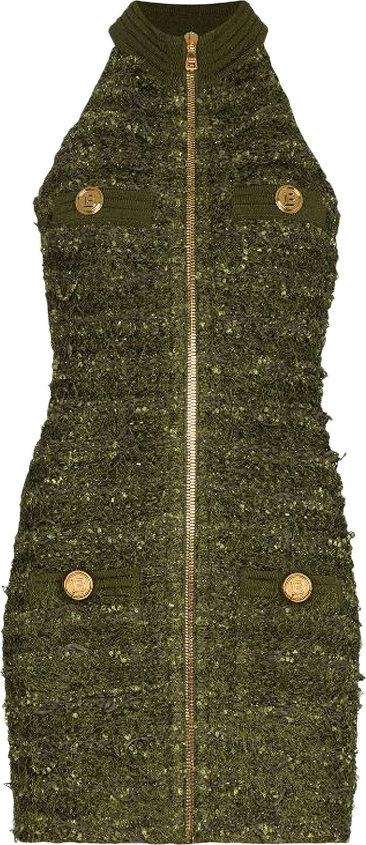 Balmain Sleeveless Zipped Tweed Dress 'Military Green'