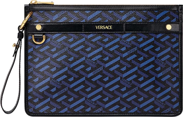 Versace Coated Canvas La Greca Signature Print Virtus V Mini Chain Bag Black Caramel