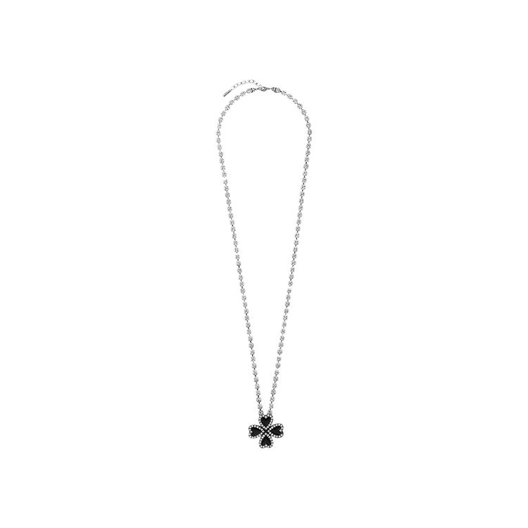 Saint Laurent Crystal Heart Clover Necklace Oxidized SilverBlackTransparent