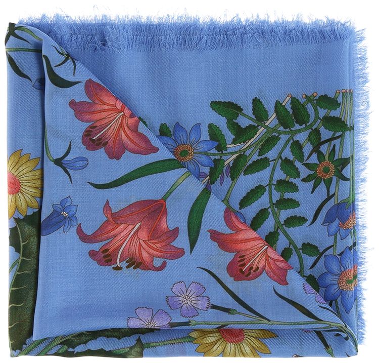 Gucci Flora Snake Print Scarf Blue