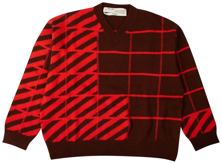 Off White Wool Diag Panel Sweater Maroon