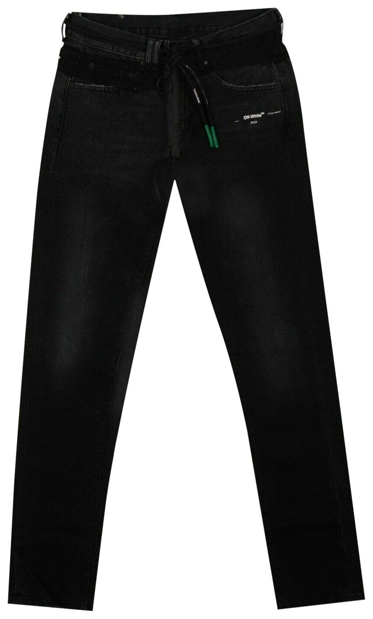 Off White Front Zip Belted Jeans Black
