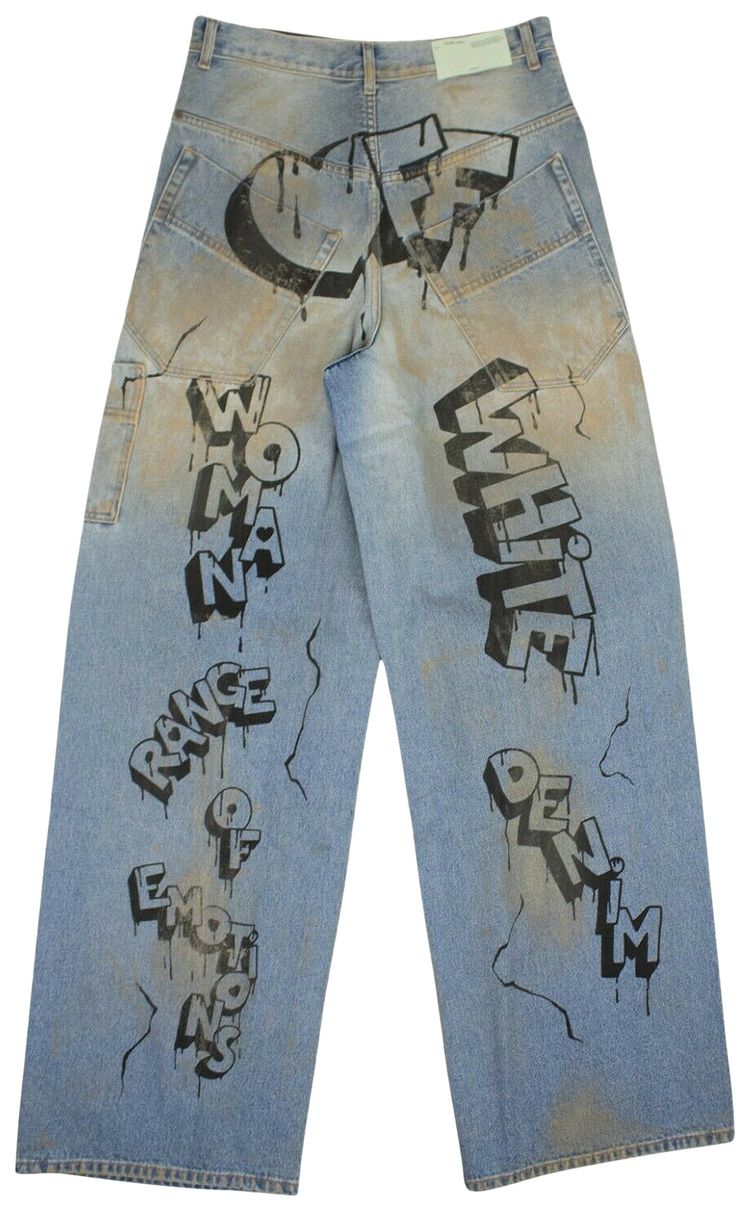 Off White Wide Leg Graffiti Jeans Blue
