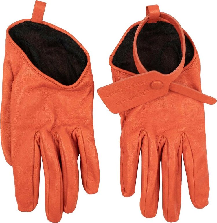 Off White Leather Zip Tie Gloves Orange