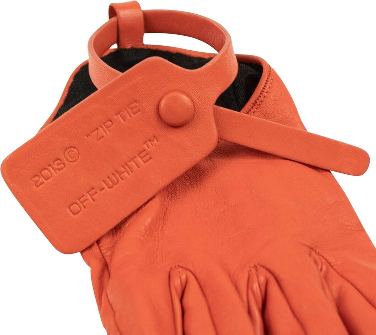 Off White Leather Zip Tie Gloves Orange