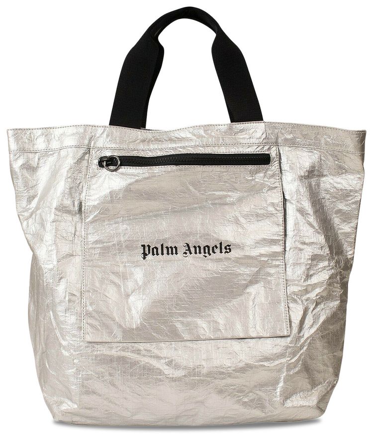 Palm Angels Metallic Logo Shoulder Tote Bag Silver