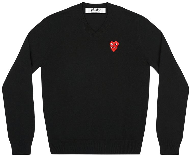 Comme des Garcons PLAY Double Heart Logo V Neck Sweater Black