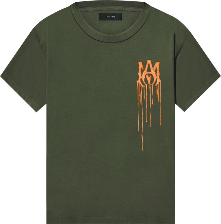 Amiri Paint Splatter Detail Crewneck Army Logo T-shirt In Green