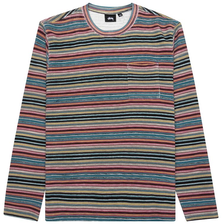 Stussy Printed Multi Stripe Long Sleeve Crew Khaki