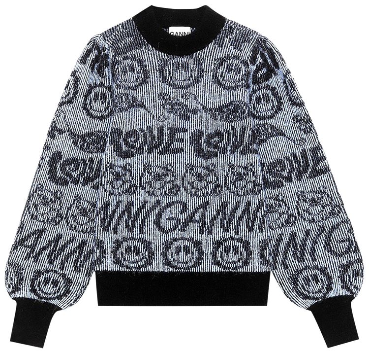 GANNI Soft Wool Knit O neck Pullover Pattern Placid Blue