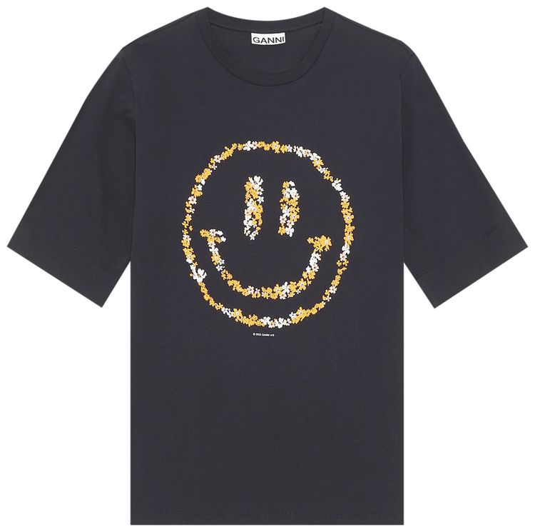 GANNI Light Cotton Jersey Floral Smiley O neck Mid Sleeve T Shirt Phantom