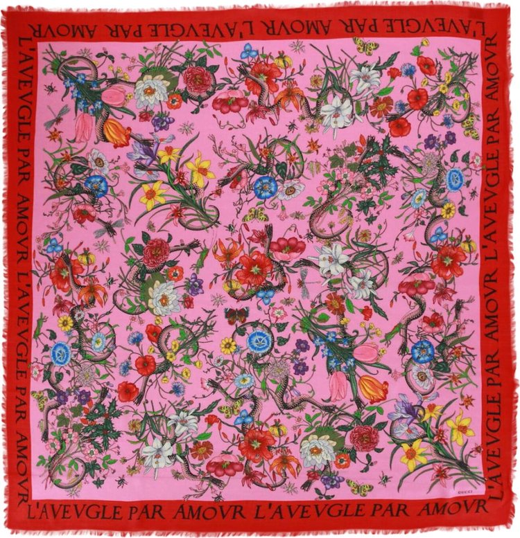 Gucci Scarf Garden Print Stall Shawl Flower Snake Butterfly Multi Colored