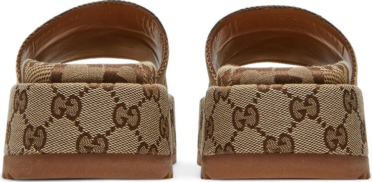 Gucci Wmns GG Lame Platform Slide Sandal Camel Monogram