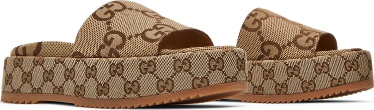 Gucci Wmns GG Lame Platform Slide Sandal Camel Monogram