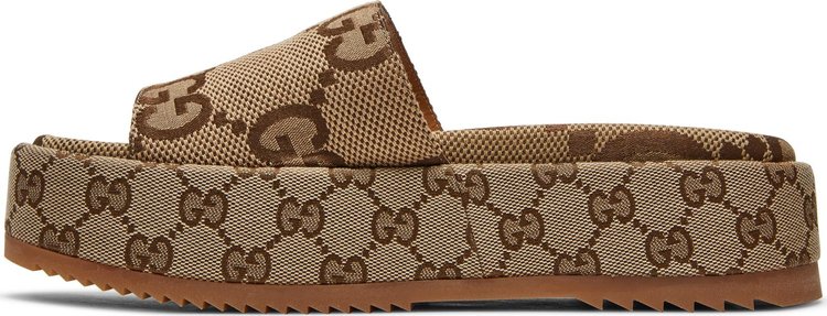 Gucci Wmns GG Lame Platform Slide Sandal Camel Monogram