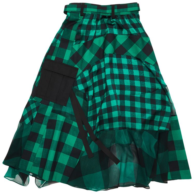 Sacai Check Print Tulle Midi Skirt Deep GreenJet Black