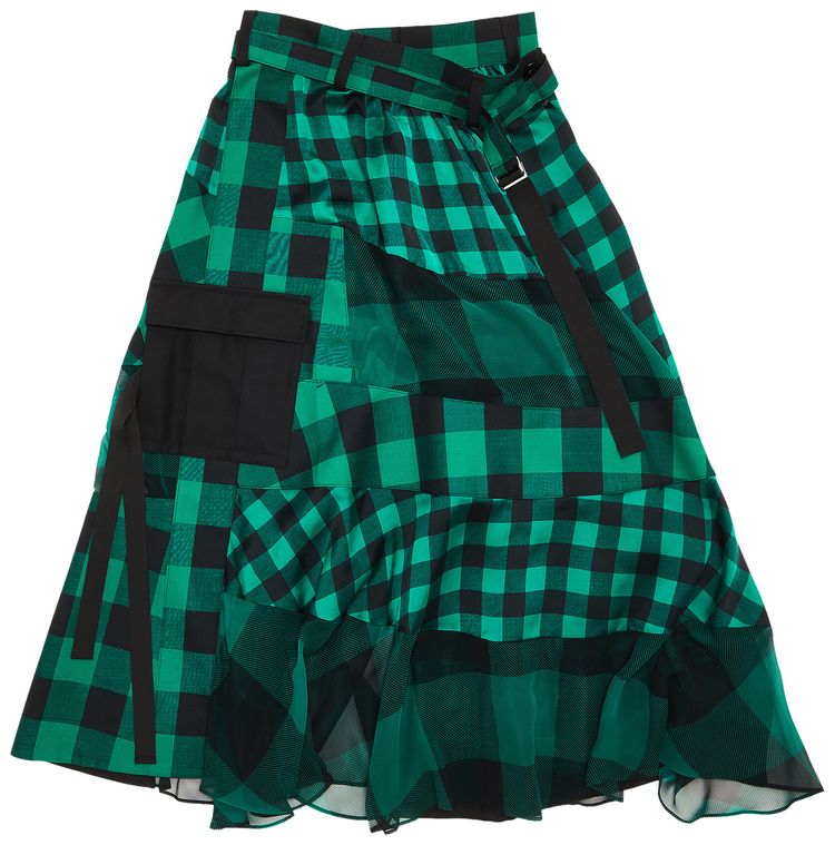 Sacai Check Print Tulle Midi Skirt Deep GreenJet Black