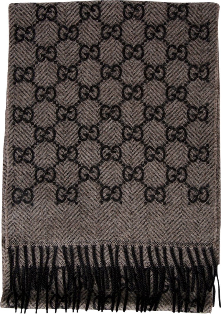 NWT Gucci GG Logo Printed Wool & Silk Blend Anthracite Scarf