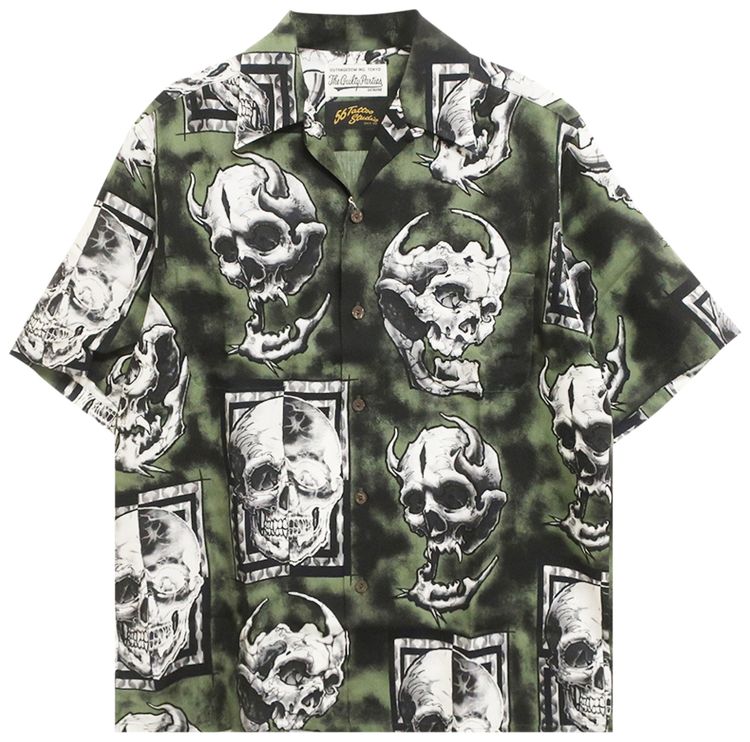 Wacko Maria 56 Tattoo Studio Short Sleeve Hawaiian Shirt Olive