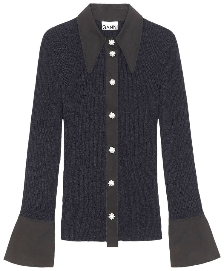 GANNI Melange Collared Cardigan Dark Navy