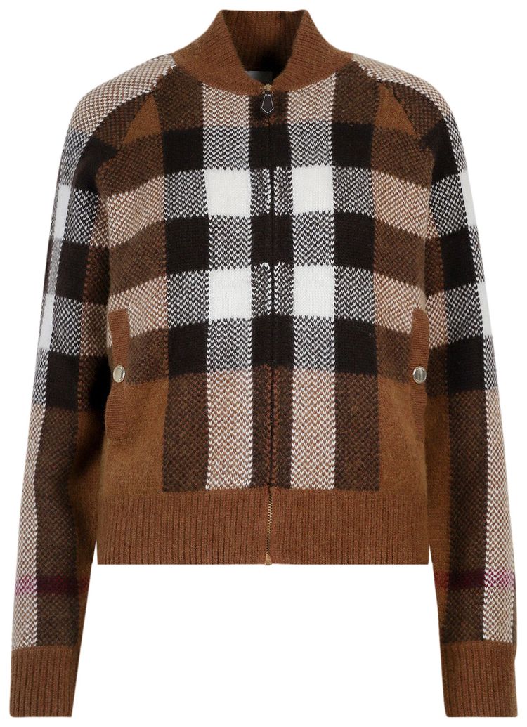 Burberry Intarsia Check Bomber Jacket Dark Birch Brown
