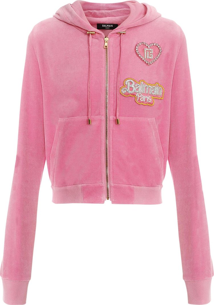 Buy Balmain x Barbie Cropped Velvet Zipped Hoodie With Badges 'Rose ...