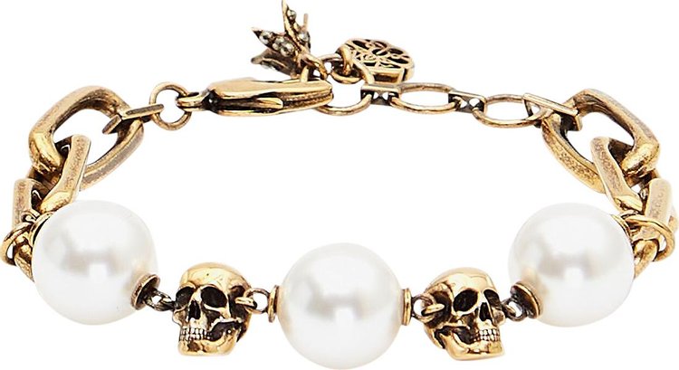 Alexander McQueen Pearl-Like Skull Chain Bracelet 'Antique Gold'