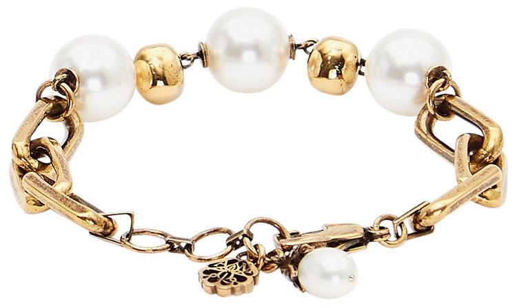 Alexander McQueen Pearl Like Skull Chain Bracelet Antique Gold
