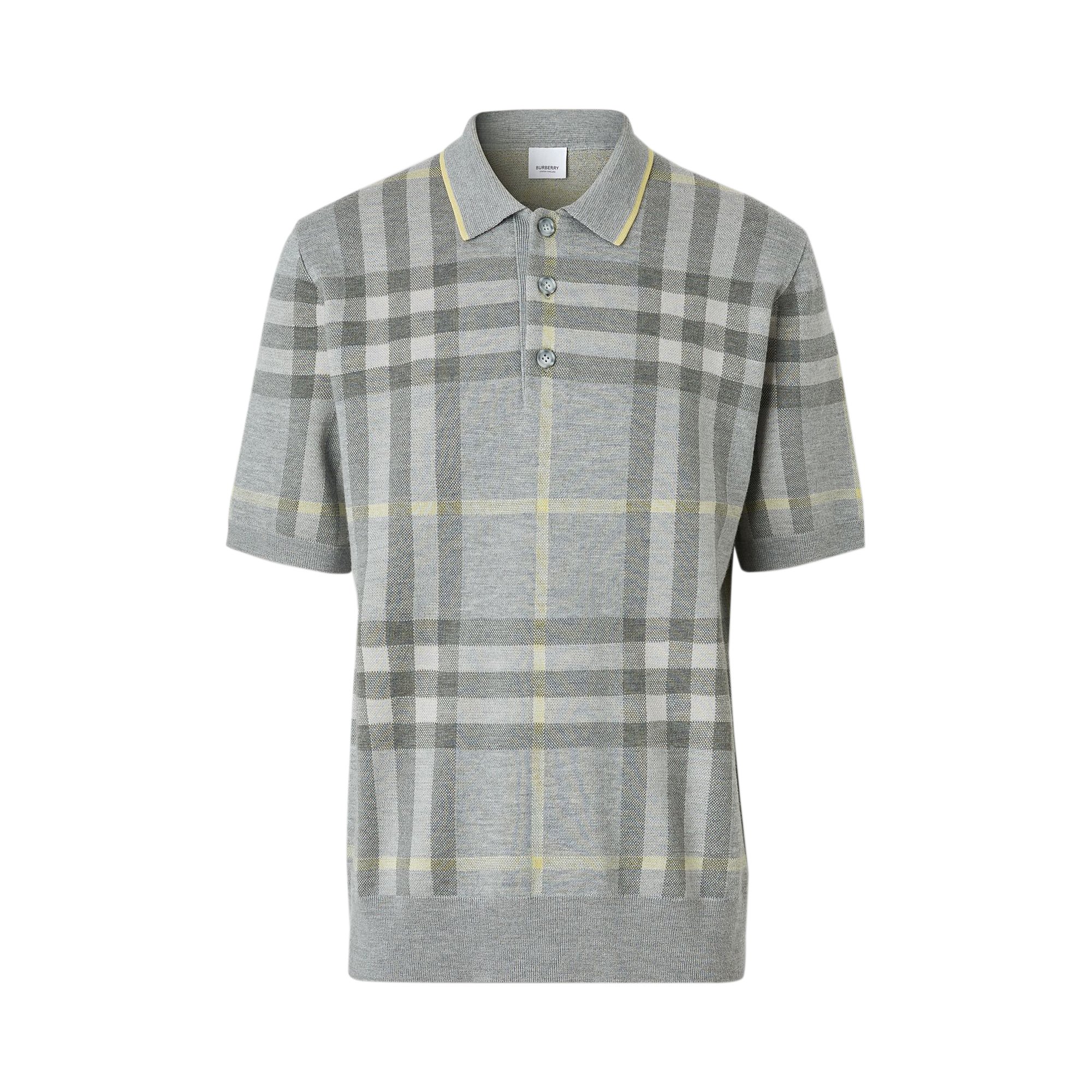 Buy Burberry Check Intarsia Wool Silk Polo Shirt 'Pale Grey 