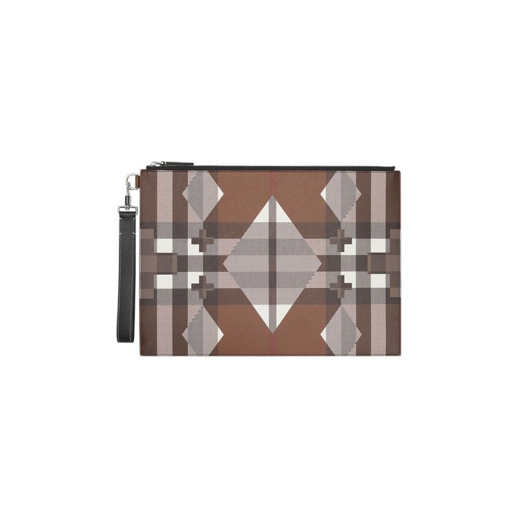 Burberry Large Geometric Check And Leather Zip Pouch Dark Birch Brown