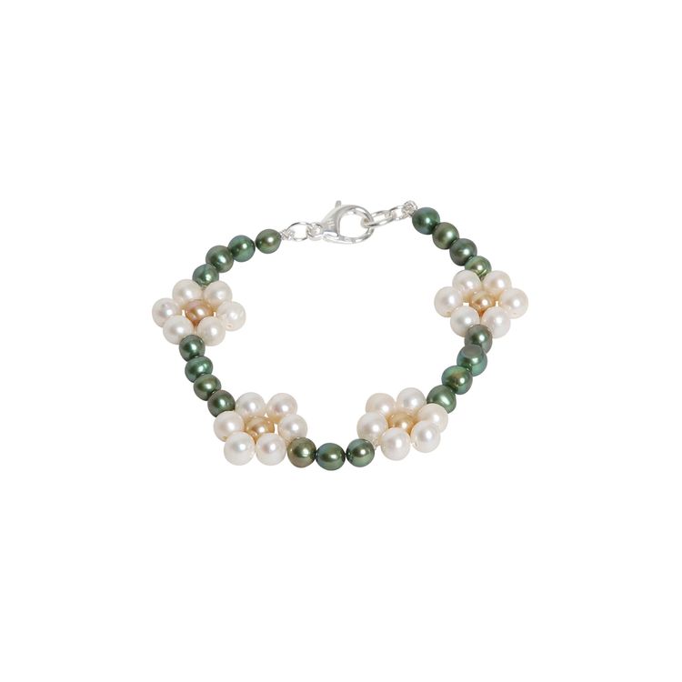 Hatton Labs Green Daisy Pearl Bracelet Solid Sterling Silver