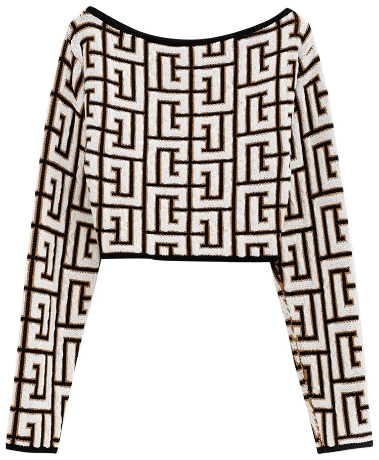 Balmain Cropped Off Shoulder Monogram Knit Top NoirBlanc