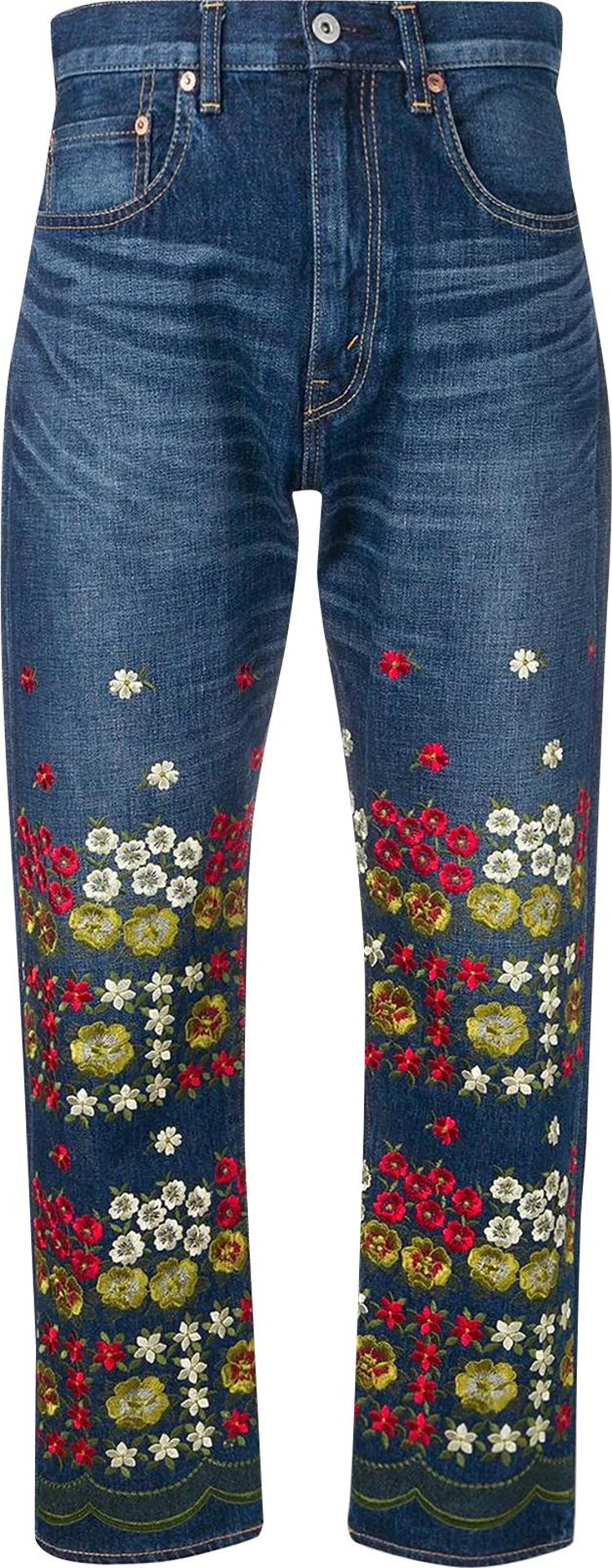 Comme des Garçons Junya Watanabe Denim Salvage Straight Leg Jeans With Flower Emboidery 'Blue'